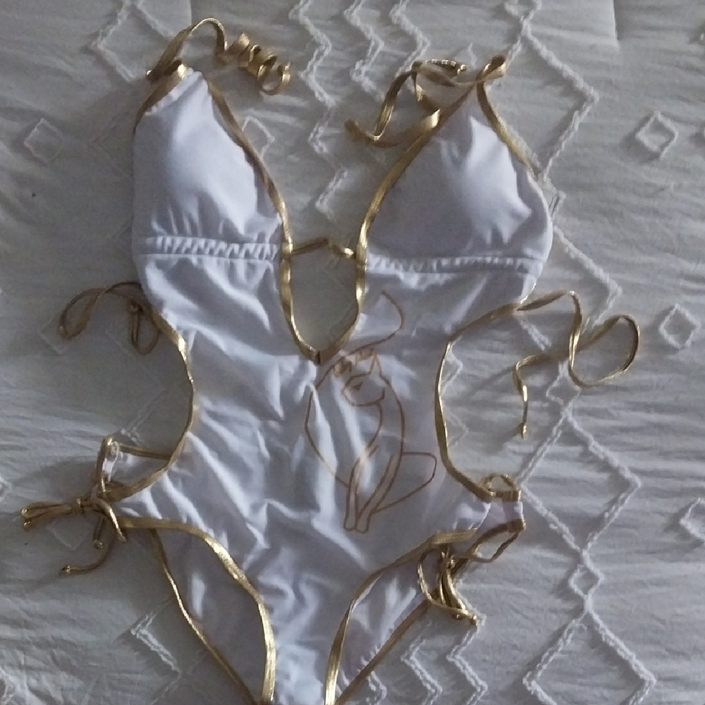 Baby Phat White and Gold One Piece with Chain Accents